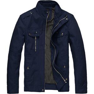 Men's Navy Blue Cotton Lightweight Military Front Zip Jacket